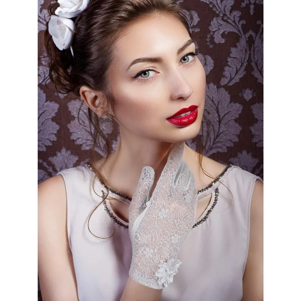 Women's Gray Fingerless Floral Short Lace Gloves Party Tea Halloween Wedding